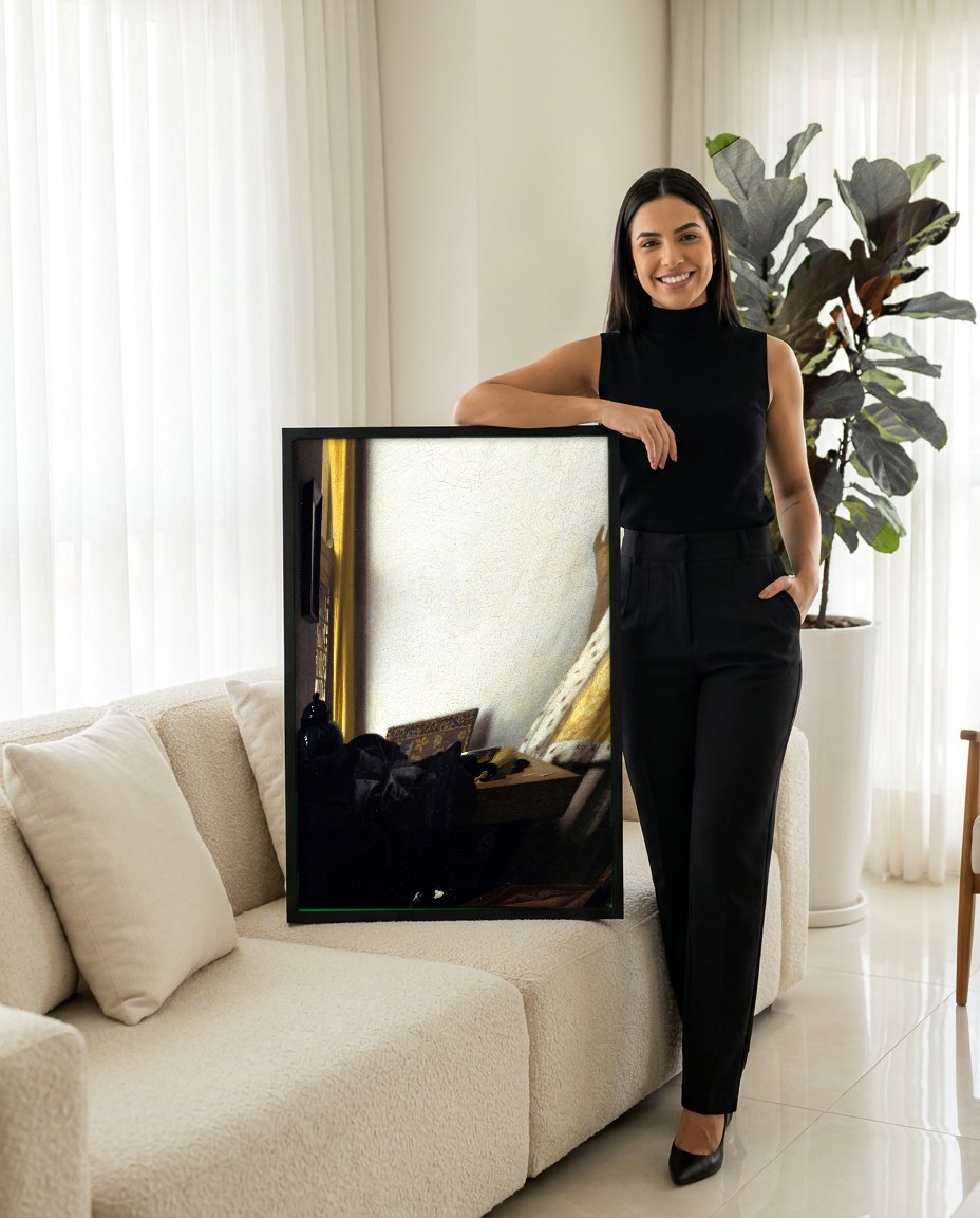 Quadro Decorativo A Mulher com o Colar de Pérolas - Vermeer com modelo em ambiente
