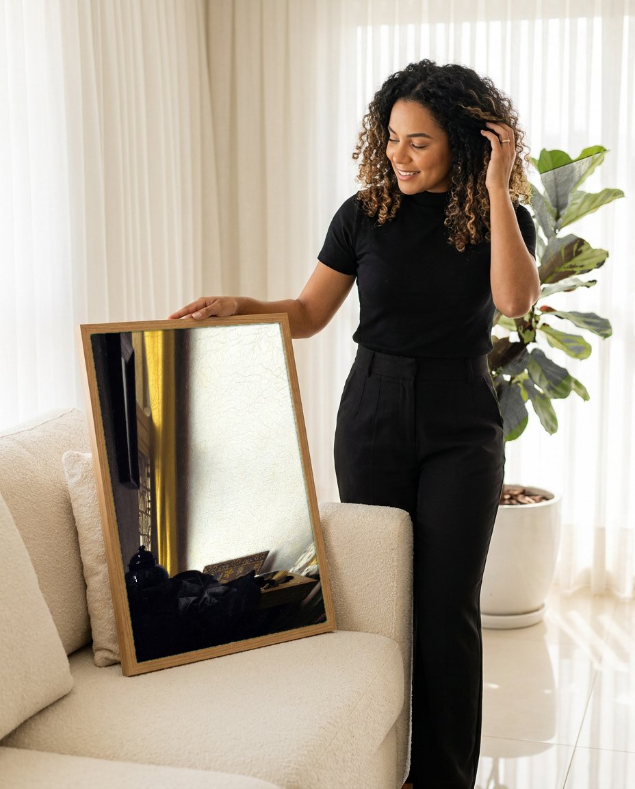 Quadro Decorativo A Mulher com o Colar de Pérolas - Vermeer com modelo em ambiente