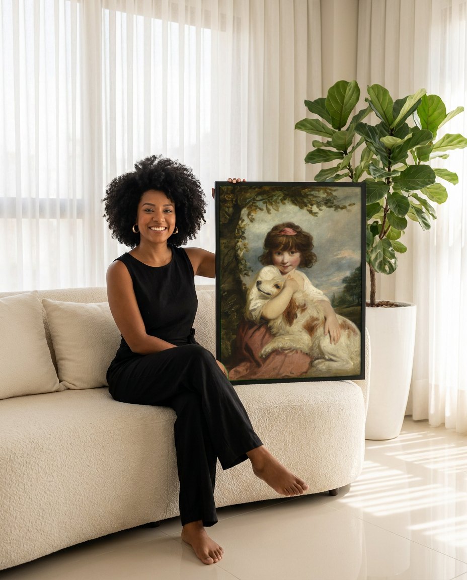 Quadro Decorativo A Menina com o Cão - Sir Joshua Reynolds | modelo apresentando o quadro emoldurado