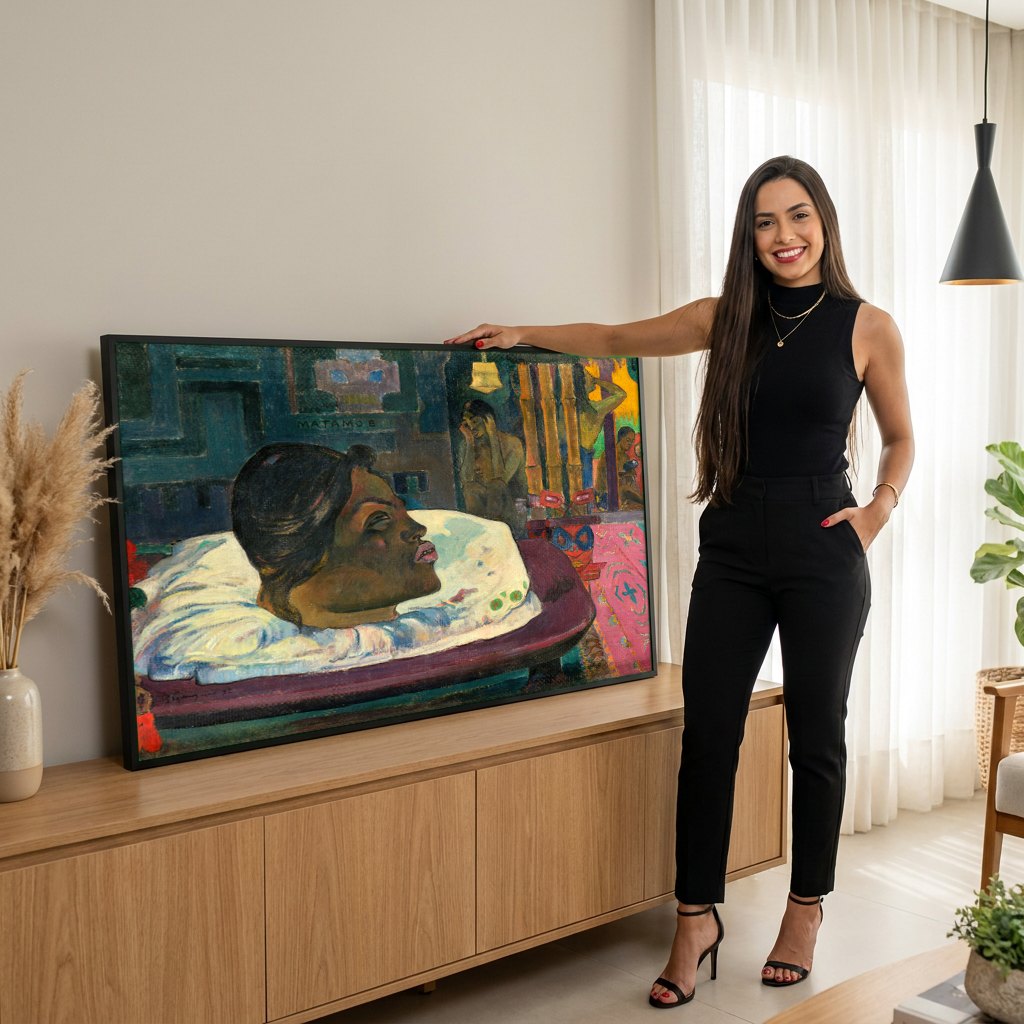 Quadro Decorativo Arii Matamoe (O Olhar Real) - Gauguin | modelo apresentando o quadro emoldurado