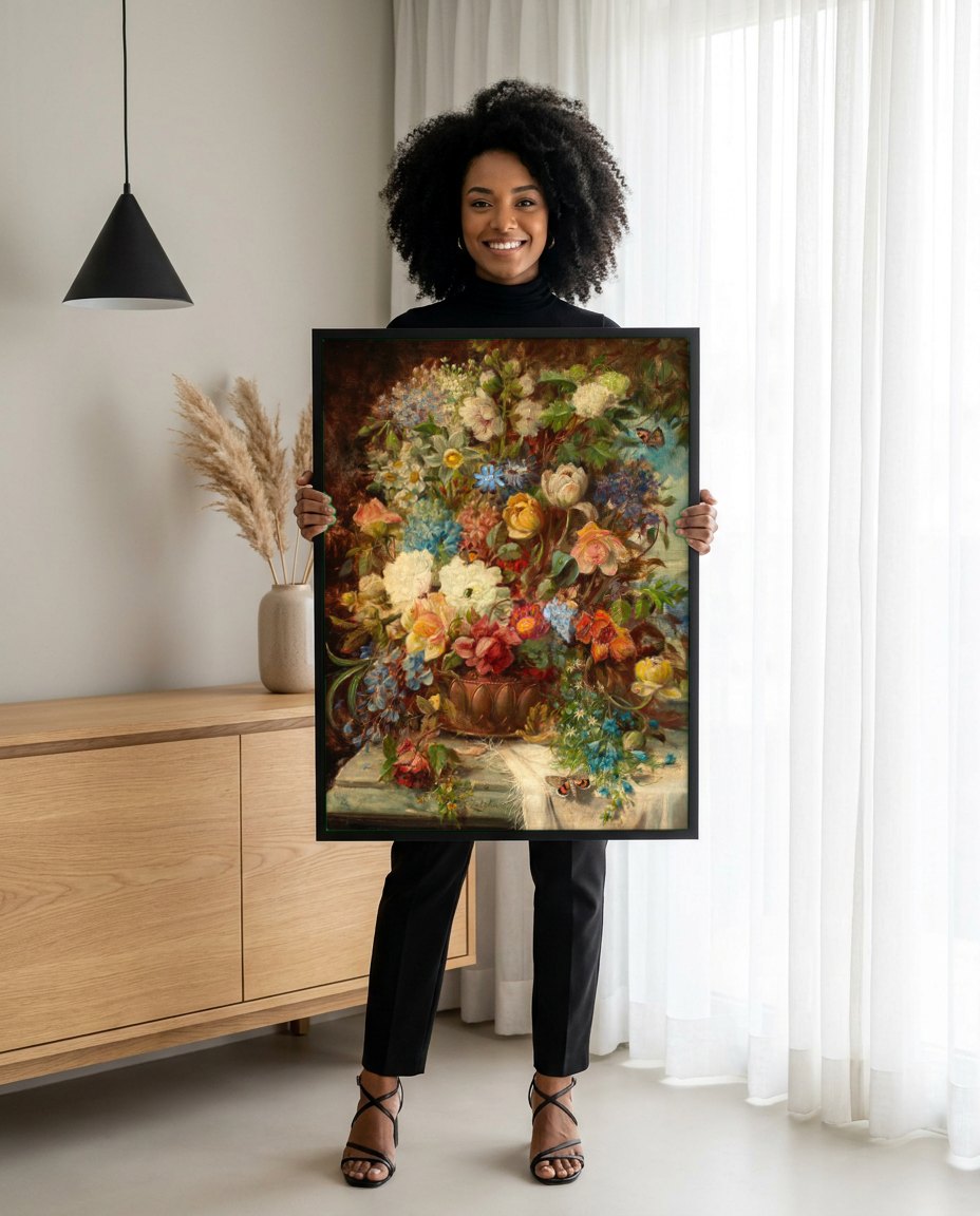Quadro Decorativo Vaso de Flores com Borboletas - Hans Zatzka | modelo apresentando o quadro emoldurado