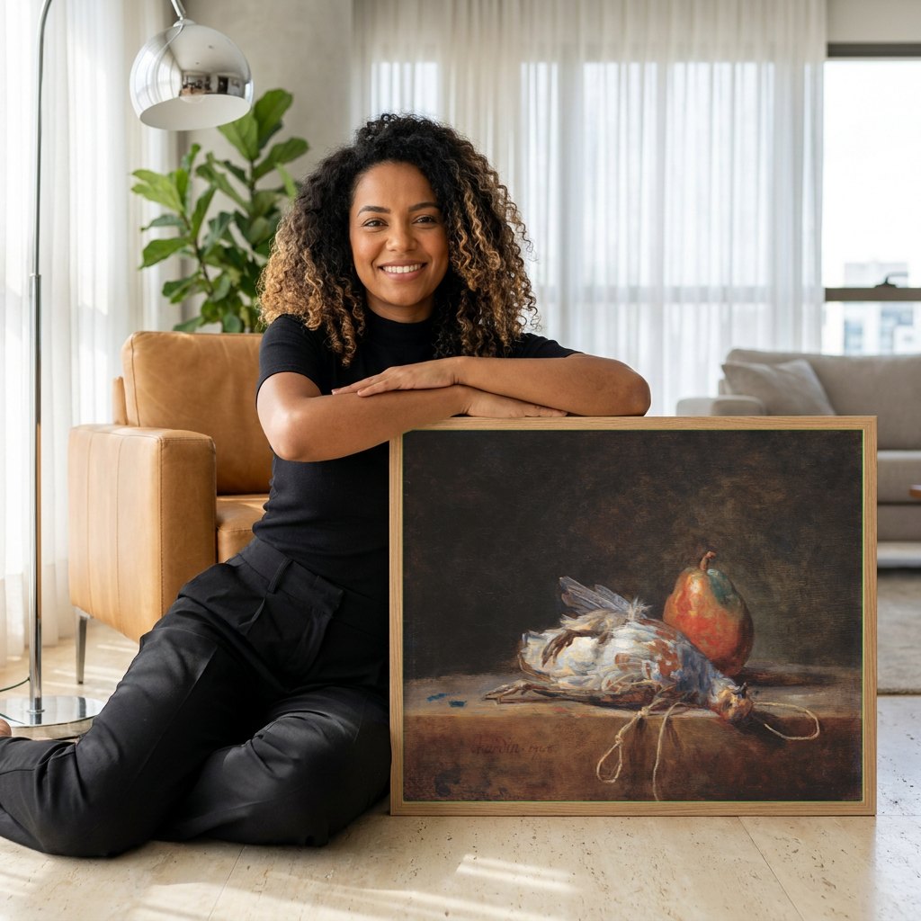Quadro Decorativo Natureza-Morta com Perdiz e Pera - Chardin | modelo apresentando o quadro emoldurado