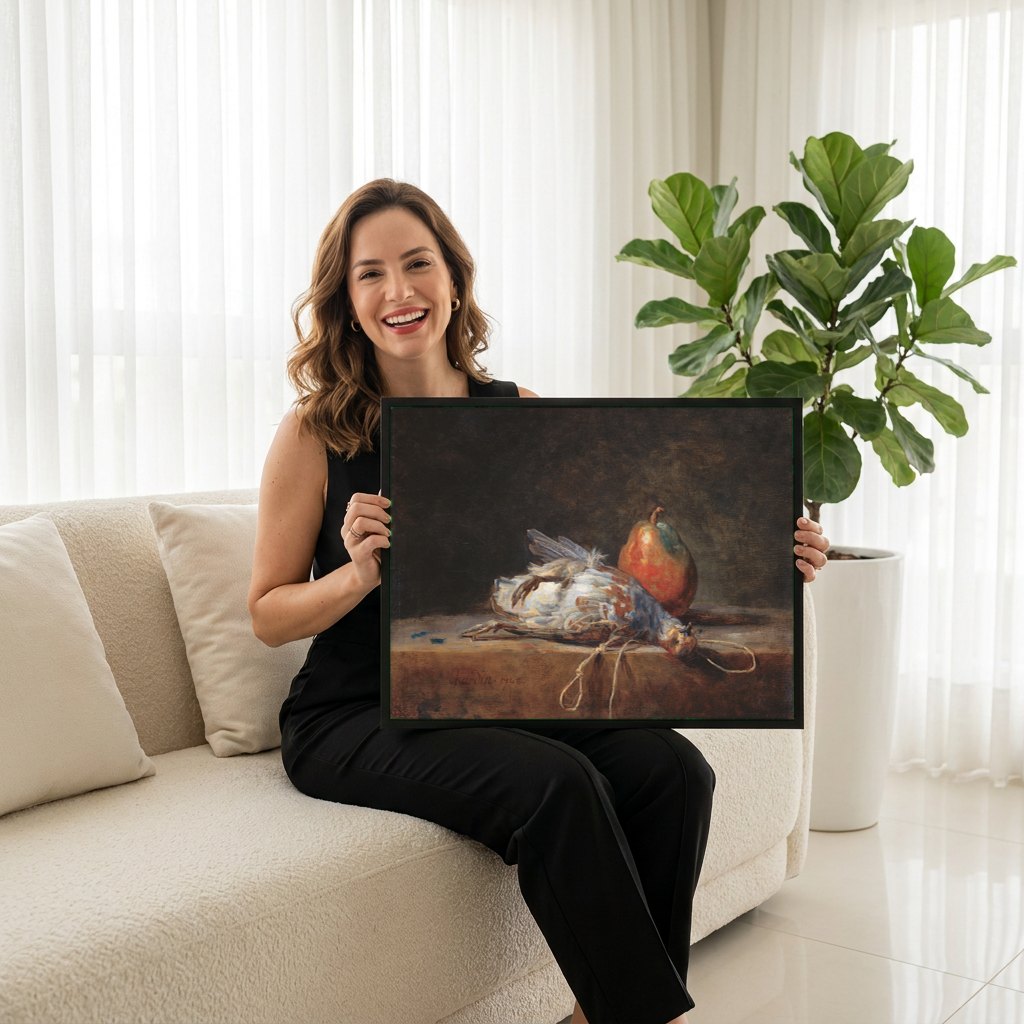 Quadro Decorativo Natureza-Morta com Perdiz e Pera - Chardin | modelo apresentando o quadro emoldurado