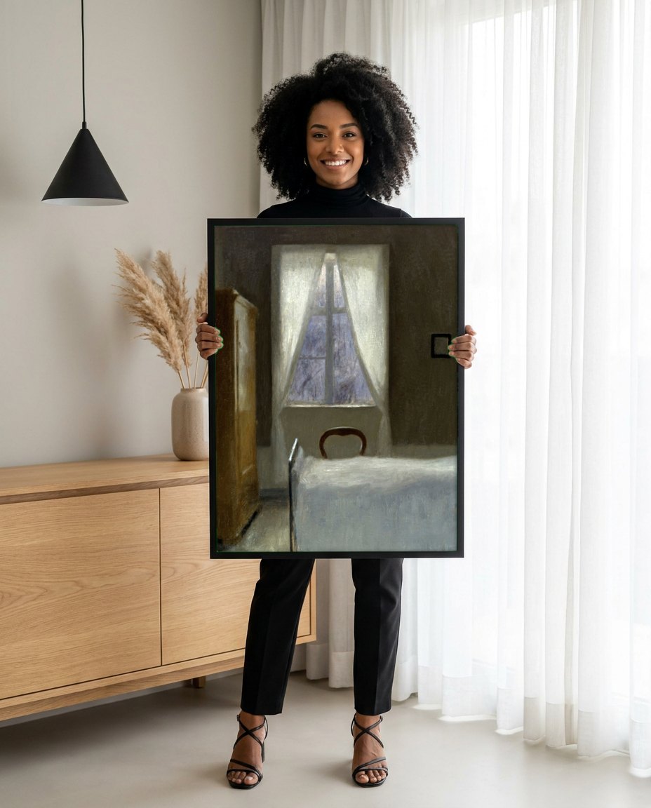 Quarto Solitário: Obras de Vilhelm Hammershøi para sua parede | modelo apresentando o quadro emoldurado