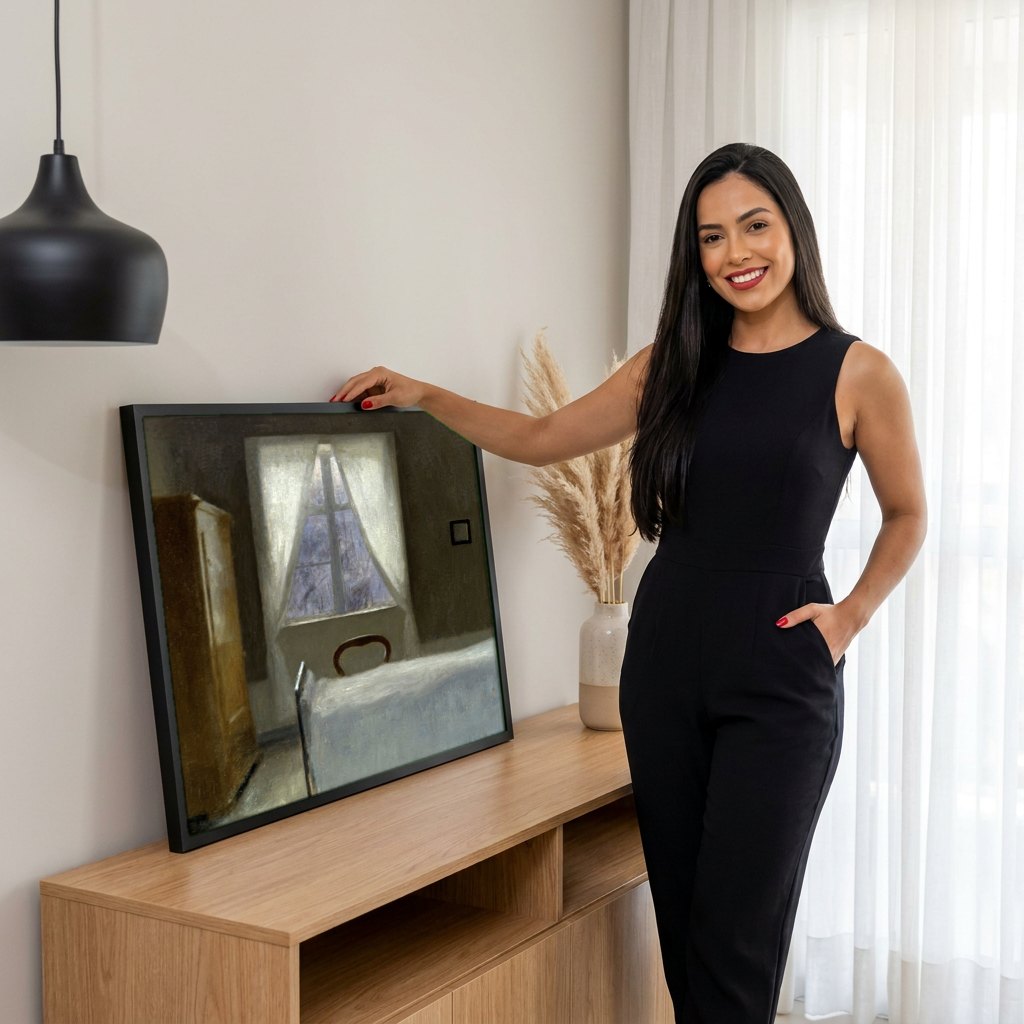 Quarto Solitário: Obras de Vilhelm Hammershøi para sua parede | modelo apresentando o quadro emoldurado