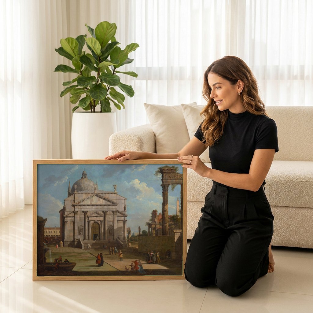 Quadro Decorativo 'Roma: o Pantheon e Outros Monumentos' - Canaletto | modelo apresentando o quadro emoldurado