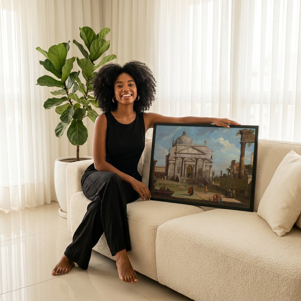 Quadro Decorativo 'Roma: o Pantheon e Outros Monumentos' - Canaletto | modelo apresentando o quadro emoldurado