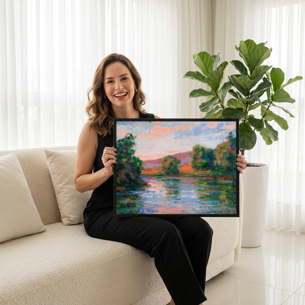 Quadro Decorativo Paisagem ao Entardecer - Guillaumin | modelo apresentando o quadro emoldurado