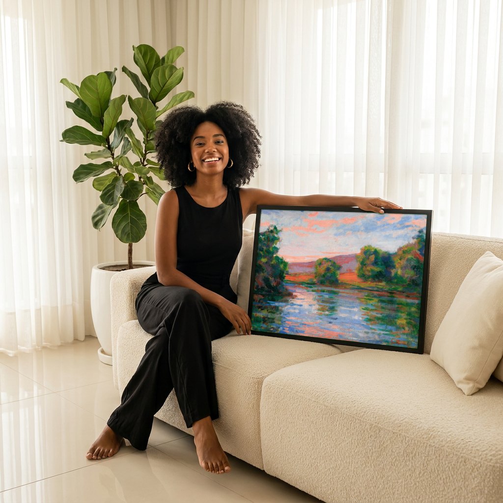 Quadro Decorativo Paisagem ao Entardecer - Guillaumin | modelo apresentando o quadro emoldurado