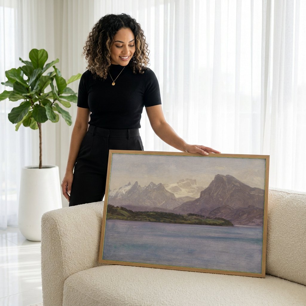 Quadro Decorativo Montanhas e Lago - Albert Bierstadt | modelo apresentando o quadro emoldurado