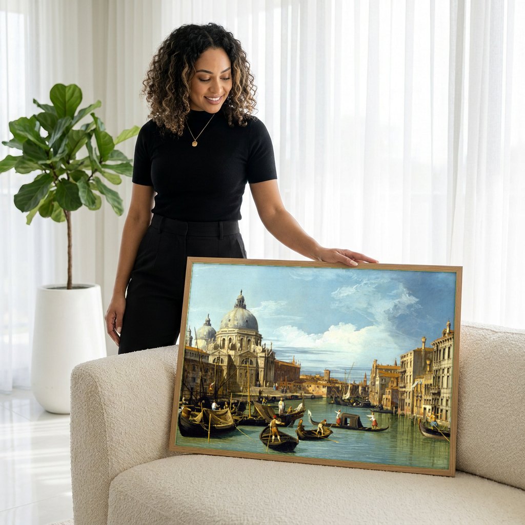 Quadro Decorativo 'O Grande Canal e a Igreja de Santa Maria della Salute' - Canaletto | modelo apresentando o quadro emoldurado