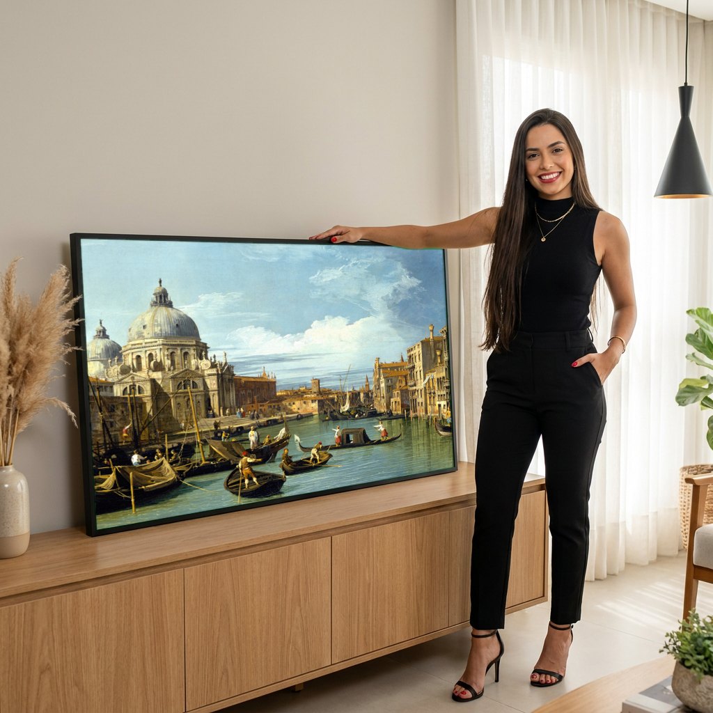 Quadro Decorativo 'O Grande Canal e a Igreja de Santa Maria della Salute' - Canaletto | modelo apresentando o quadro emoldurado