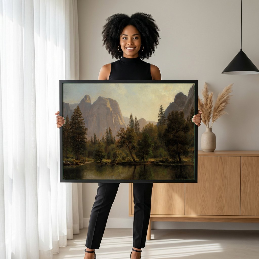 Quadro Decorativo Vale de Yosemite - Albert Bierstadt | modelo apresentando o quadro emoldurado