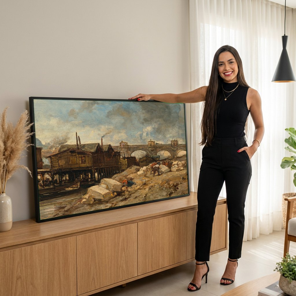 Quadro Decorativo Porto Urbano - Johan Barthold Jongkind | modelo apresentando o quadro emoldurado