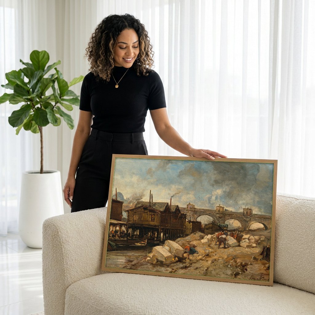 Quadro Decorativo Porto Urbano - Johan Barthold Jongkind | modelo apresentando o quadro emoldurado