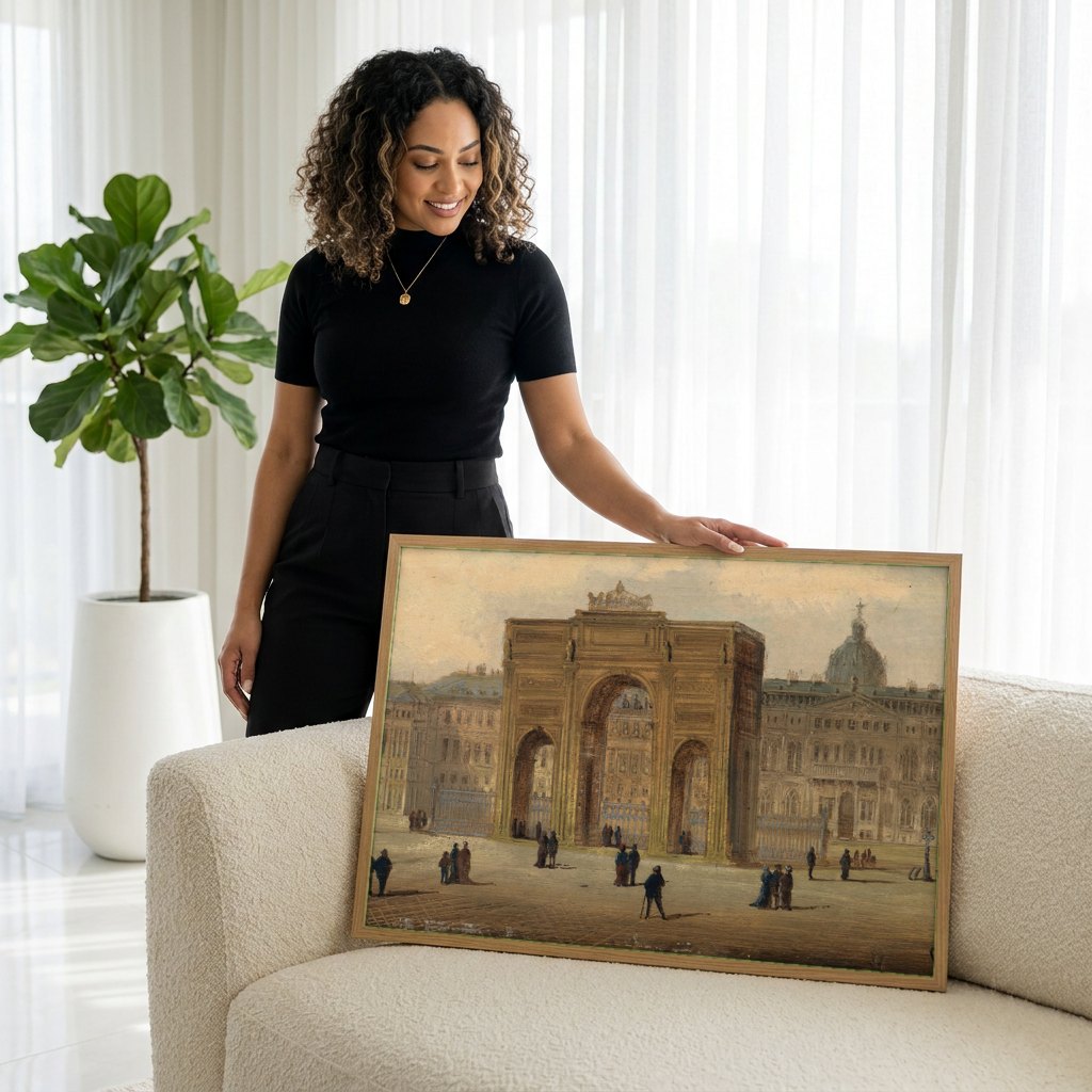 Quadro Decorativo Arco de Triunfo em Paris - Karl Kaufmann | modelo apresentando o quadro emoldurado