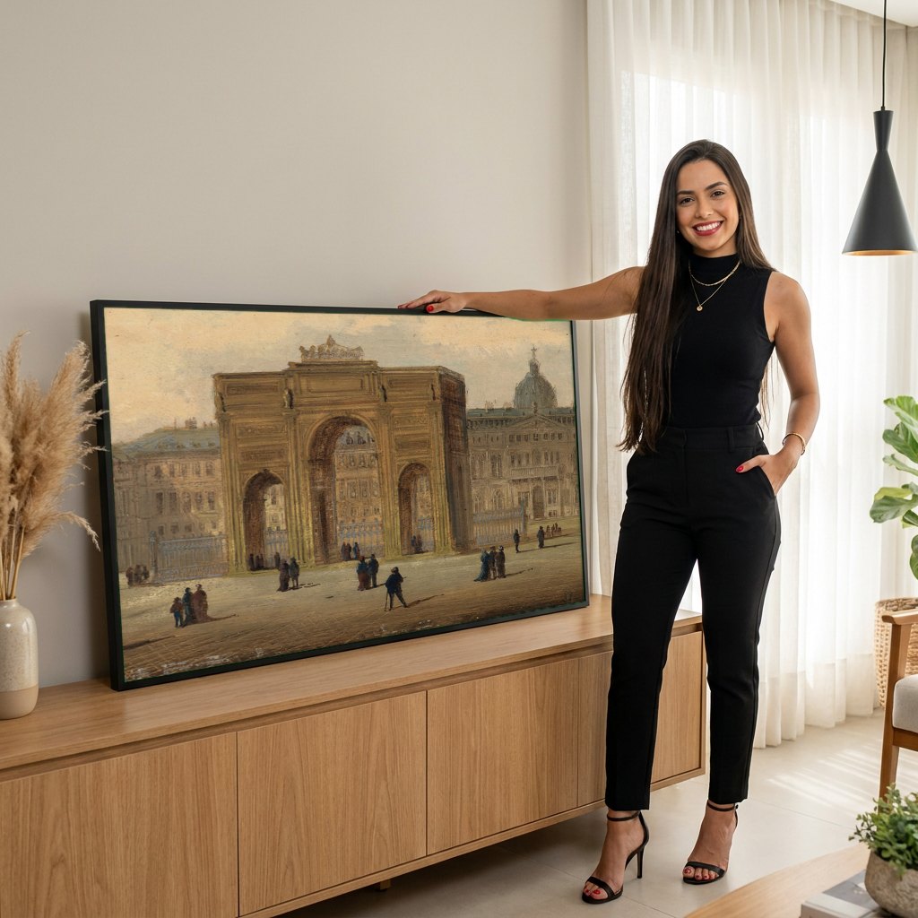 Quadro Decorativo Arco de Triunfo em Paris - Karl Kaufmann | modelo apresentando o quadro emoldurado