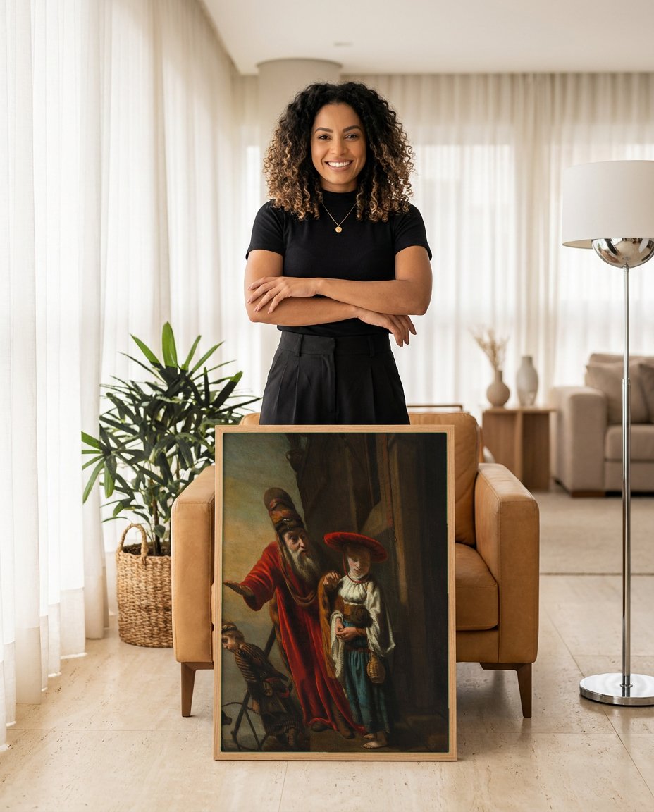 Quadro Decorativo A Expulsão de Hagar e Ismael - Nicolaes Maes com modelo em ambiente