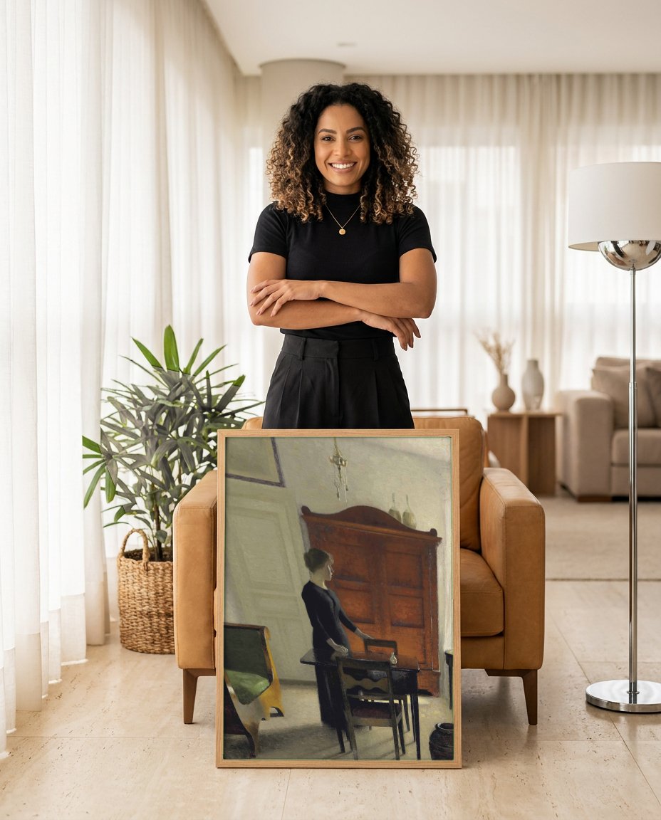 Quadro Decorativo Interior com Mulher e Armário - Hammershøi com modelo em ambiente