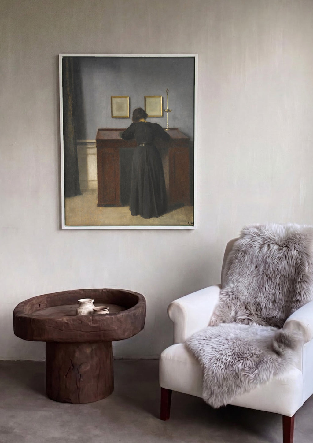 Quadro Decorativo Interior com Mulher e Molduras - Hammershøi em ambiente decorado