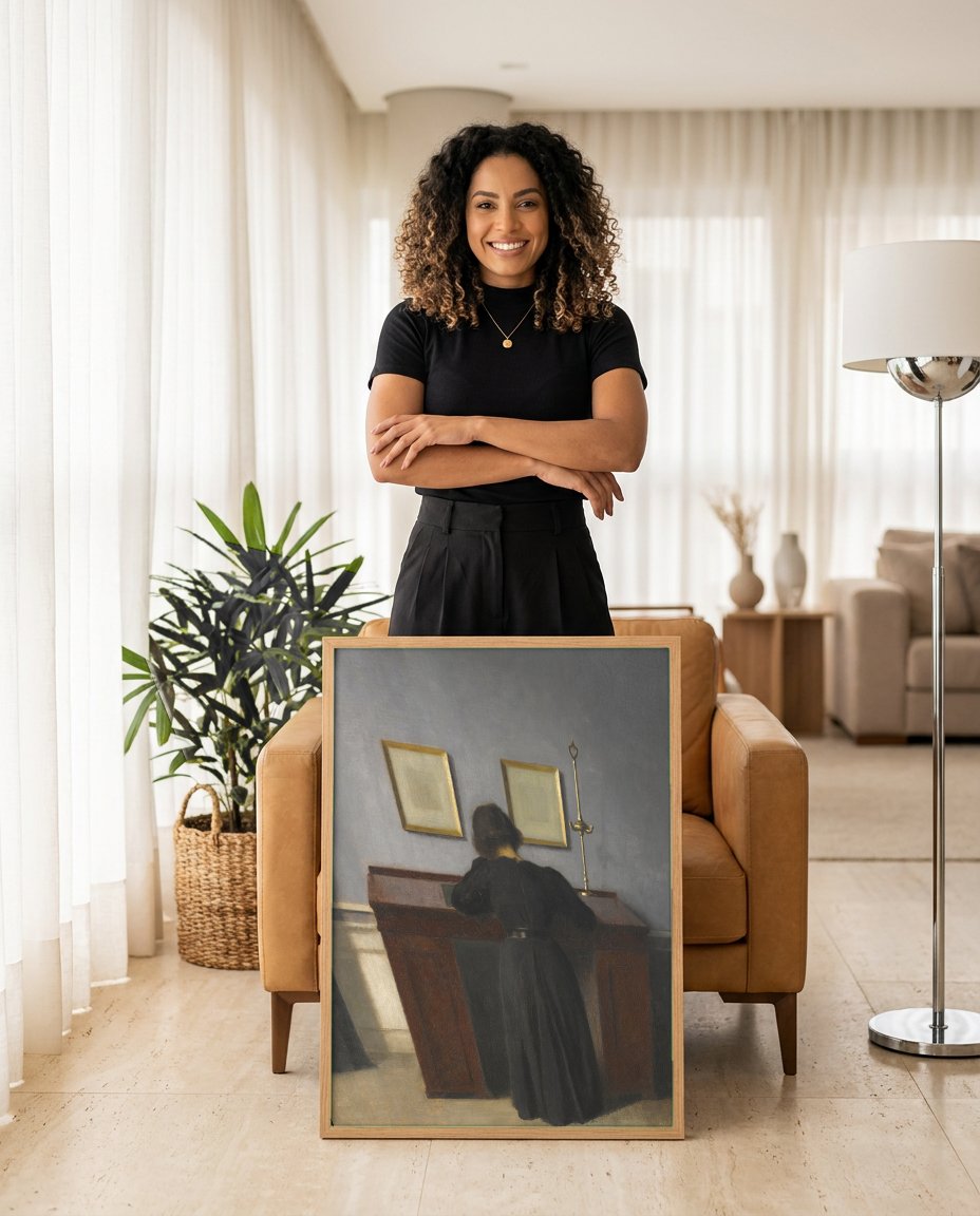 Quadro Decorativo Interior com Mulher e Molduras - Hammershøi com modelo em ambiente