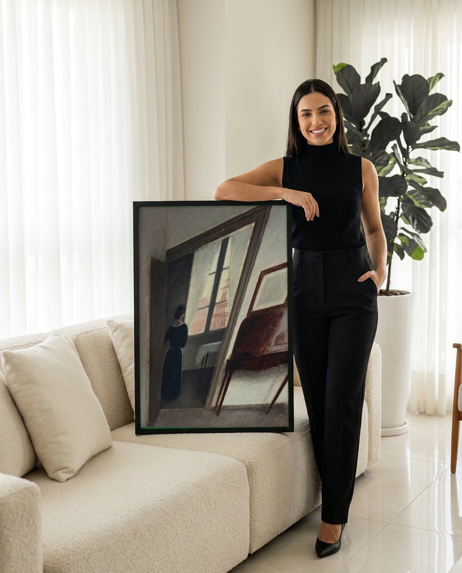 Quadro Decorativo Interior com Mulher e Veleiro - Hammershøi com modelo em ambiente