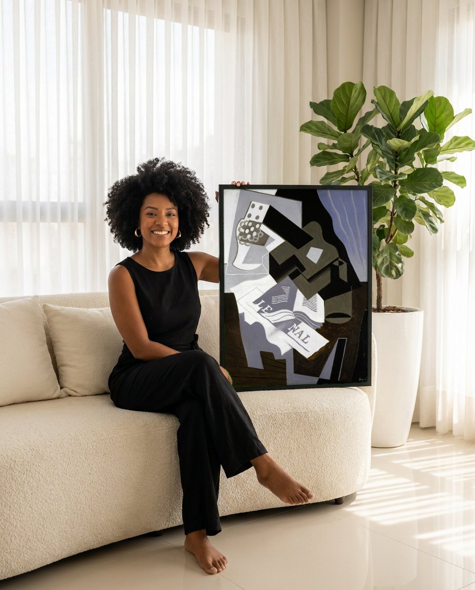 Quadro Decorativo Natureza-Morta com Jornal - Juan Gris | modelo apresentando o quadro emoldurado