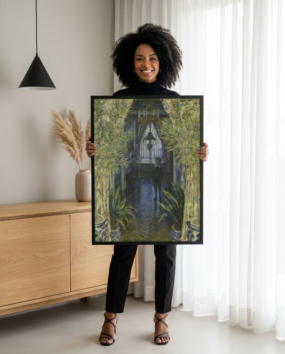 Quadro Decorativo Interior, após o Jantar - Claude Monet | modelo apresentando o quadro emoldurado