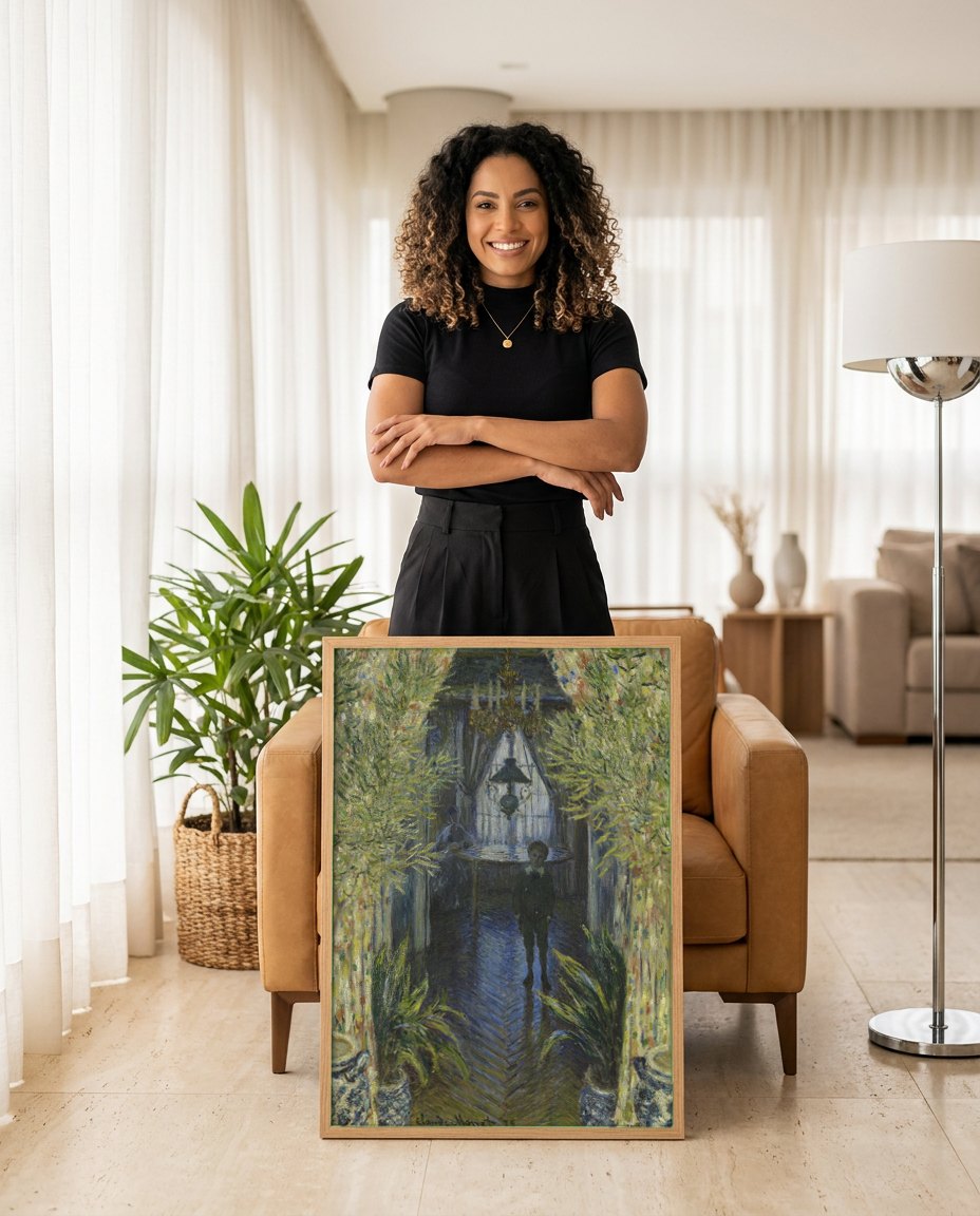 Quadro Decorativo Interior, após o Jantar - Claude Monet | modelo apresentando o quadro emoldurado