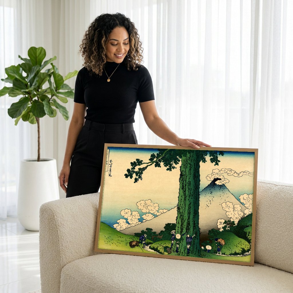 Quadro Decorativo A Montanha Fuji e a Árvore de Sano - Hokusai | modelo apresentando o quadro emoldurado