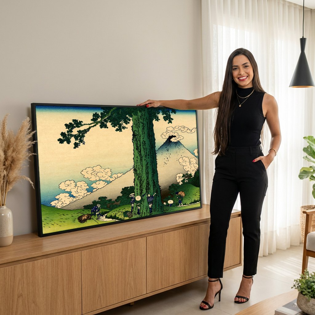 Quadro Decorativo A Montanha Fuji e a Árvore de Sano - Hokusai | modelo apresentando o quadro emoldurado