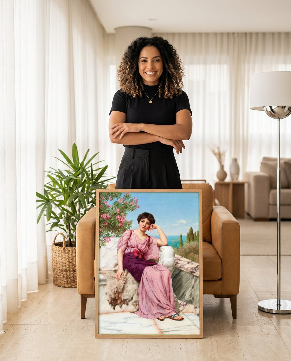 Quadro Decorativo A Jovem e o Mar - Godward | modelo apresentando o quadro emoldurado