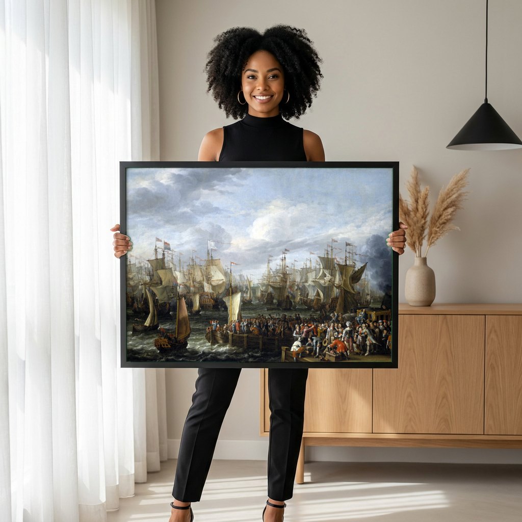 Quadro Decorativo A Partida da Frota – Abraham Storck | modelo apresentando o quadro emoldurado
