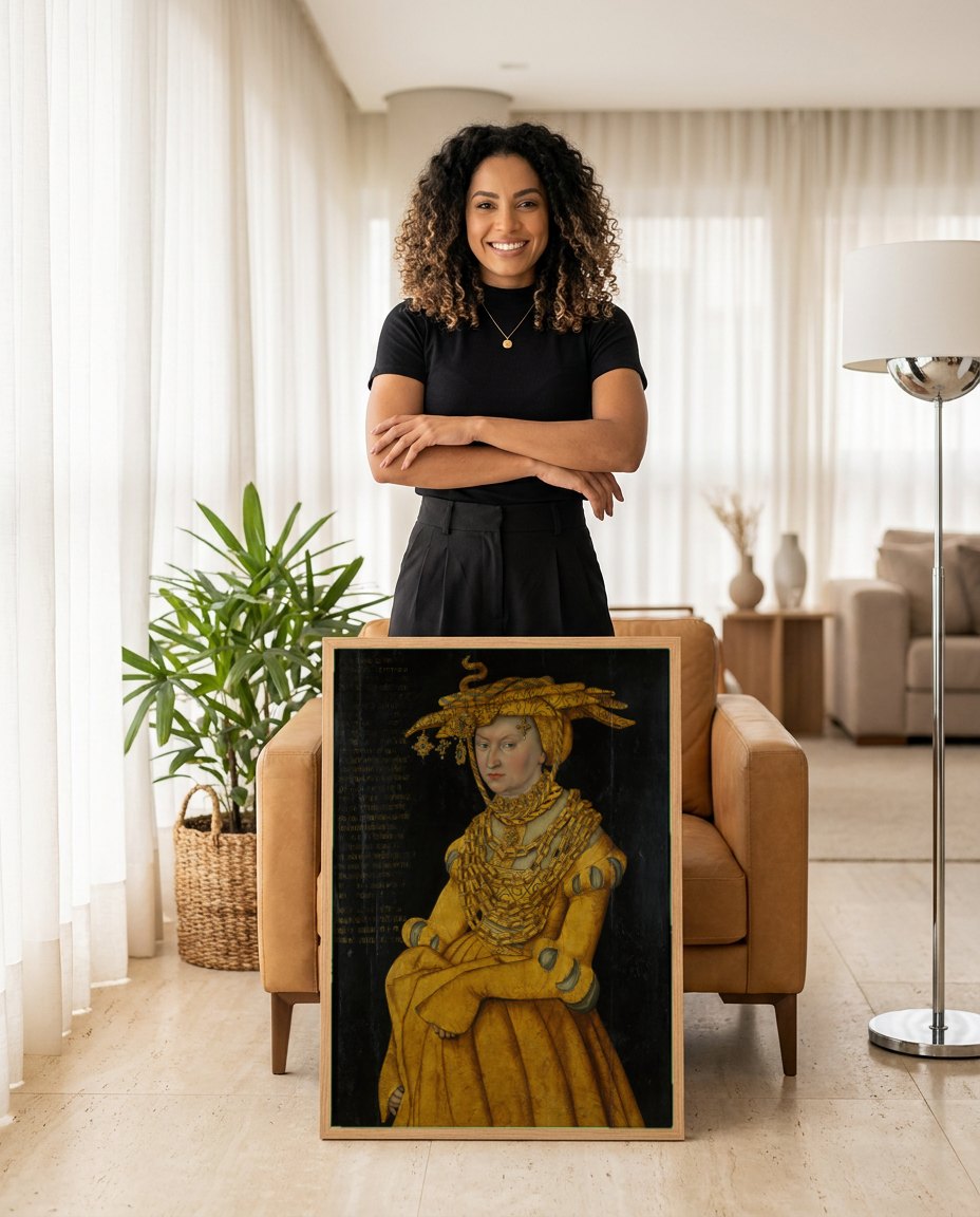 Quadro Decorativo Retrato de uma Mulher Saxônica - Cranach | modelo apresentando o quadro emoldurado