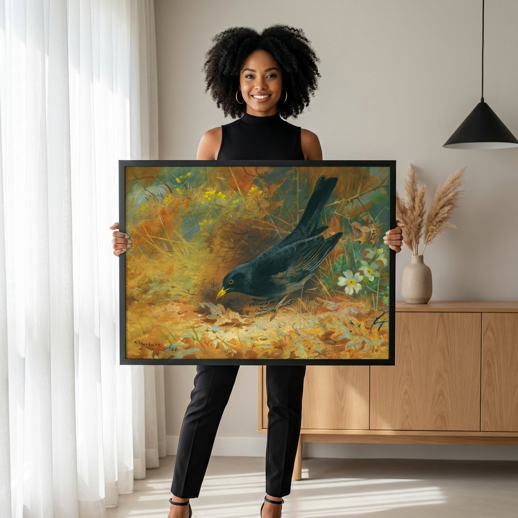 Quadro Decorativo Pássaro Preto na Natureza - Thorburn | modelo apresentando o quadro emoldurado