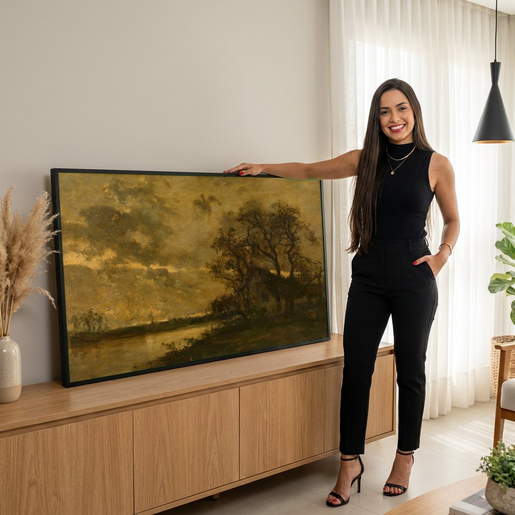 Quadro Decorativo Paisagem ao Entardecer - Johan Barthold Jongkind | modelo apresentando o quadro emoldurado