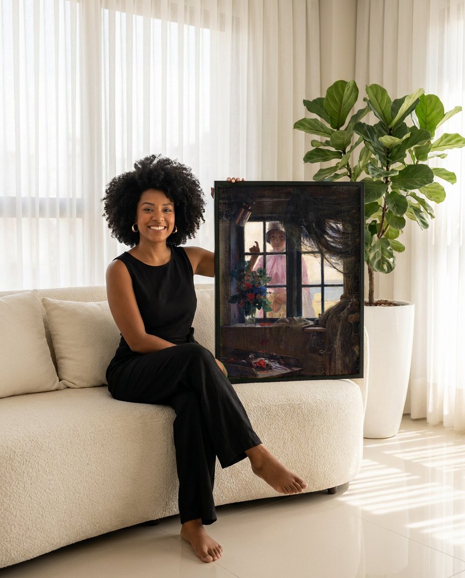 Quadro Decorativo A Menina na Janela - Carl Bloch | modelo apresentando o quadro emoldurado