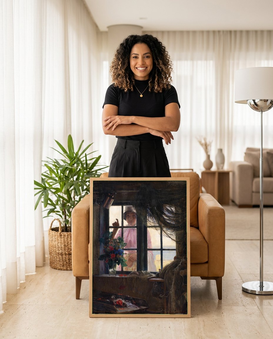 Quadro Decorativo A Menina na Janela - Carl Bloch | modelo apresentando o quadro emoldurado