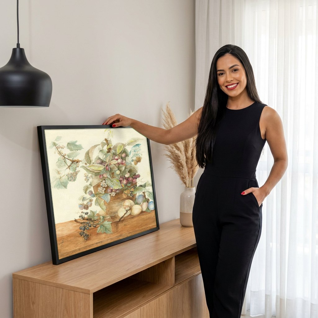 Quadro Decorativo Cesta de Frutas e Flores - Odilon Redon | modelo apresentando o quadro emoldurado