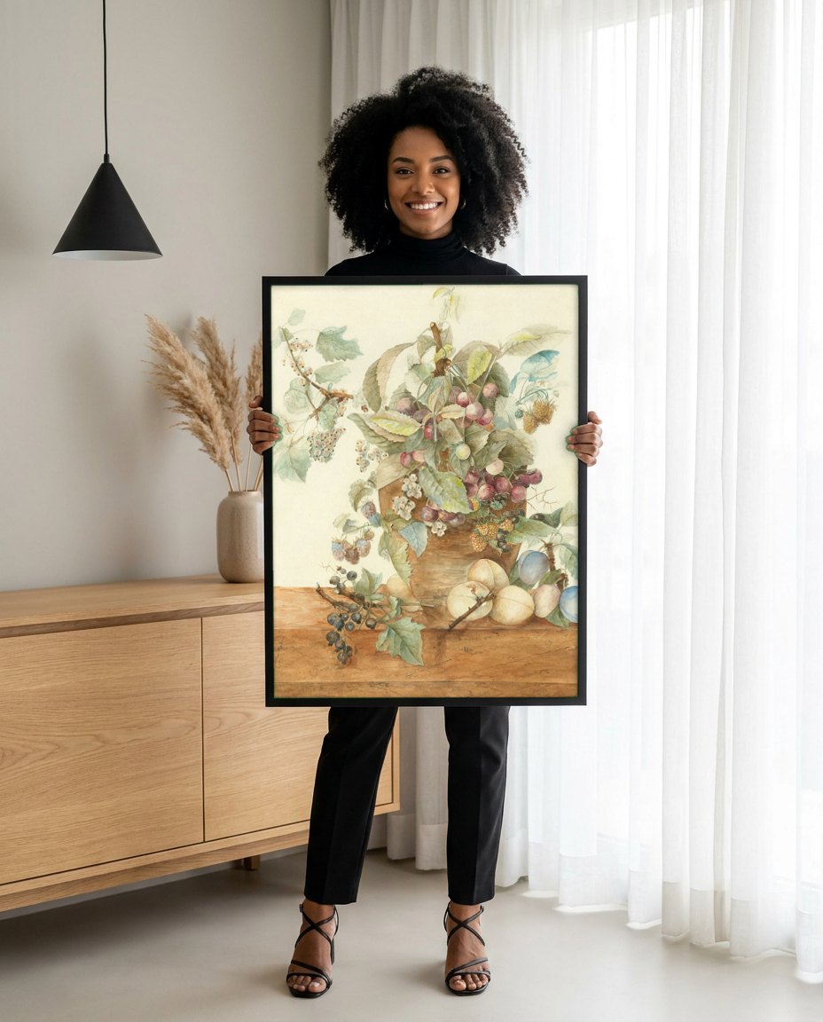 Quadro Decorativo Cesta de Frutas e Flores - Odilon Redon | modelo apresentando o quadro emoldurado