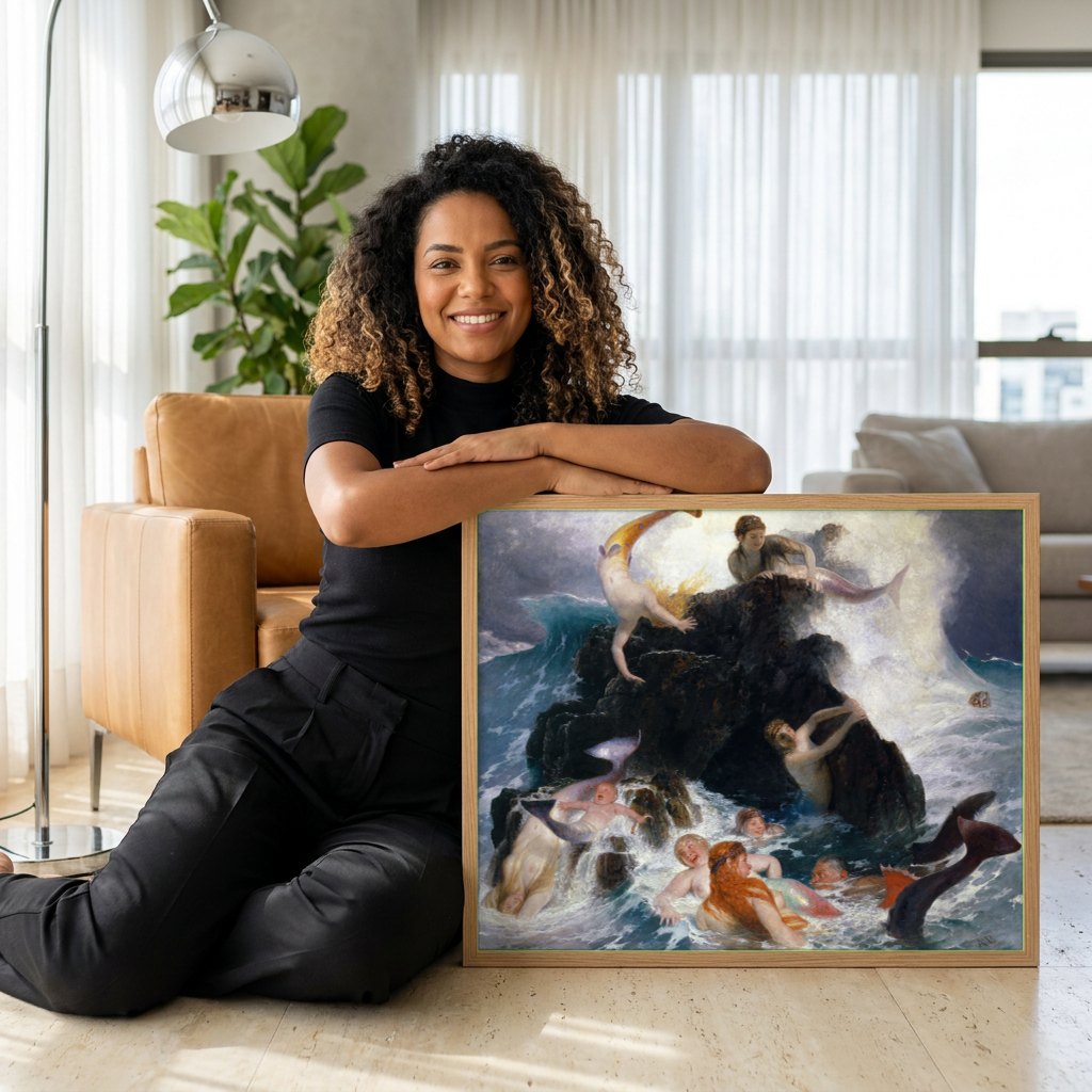 Quadro Decorativo O Brincar das Ondas - Arnold Böcklin | modelo apresentando o quadro emoldurado