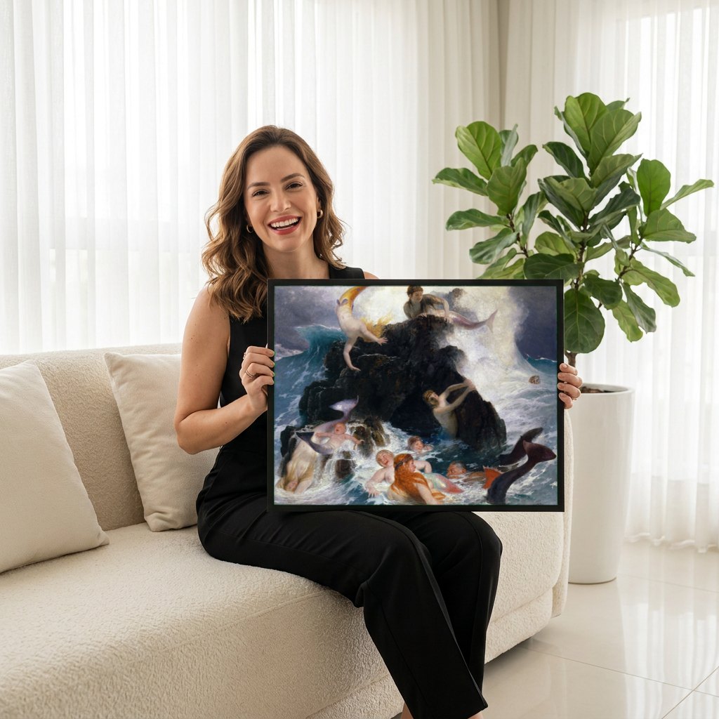 Quadro Decorativo O Brincar das Ondas - Arnold Böcklin | modelo apresentando o quadro emoldurado