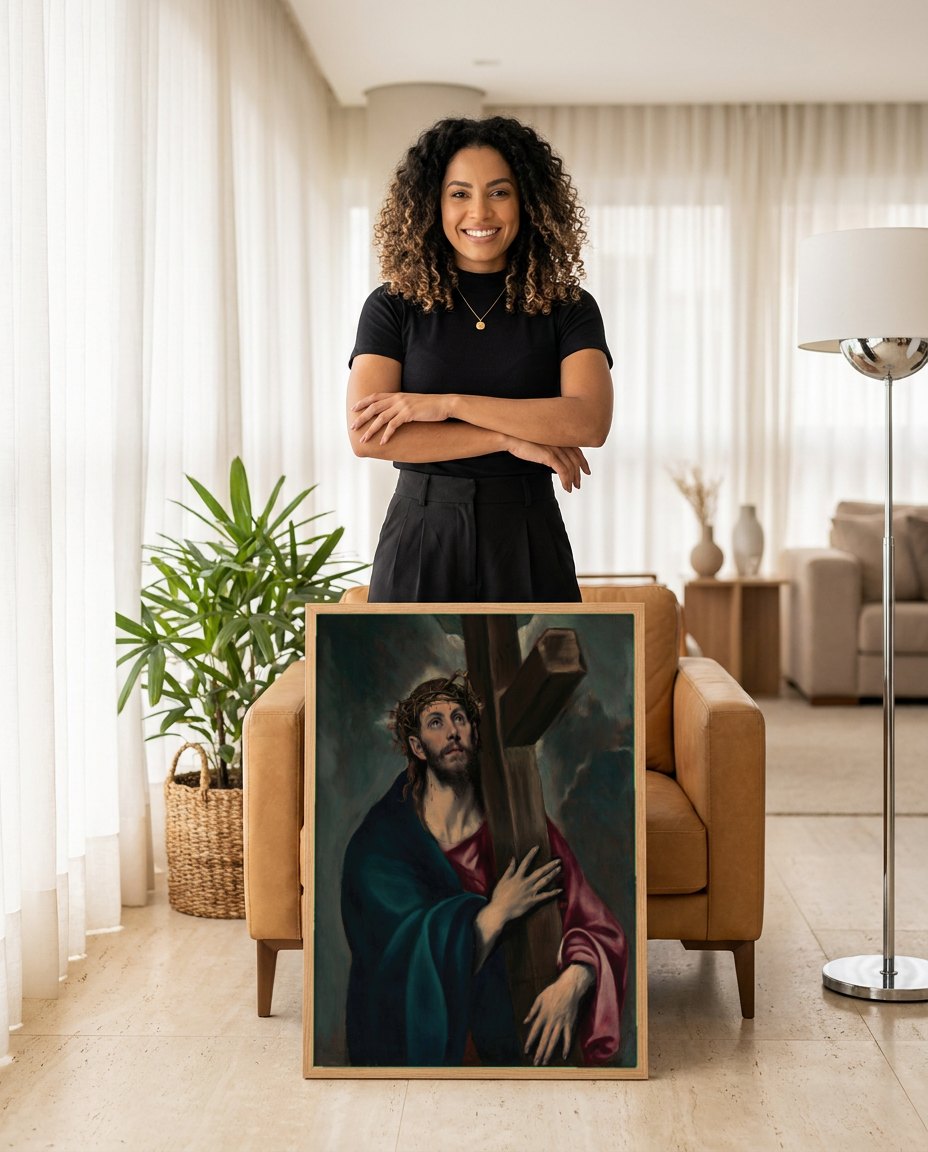 Quadro Decorativo Cristo Carregando a Cruz - El Greco | modelo apresentando o quadro emoldurado
