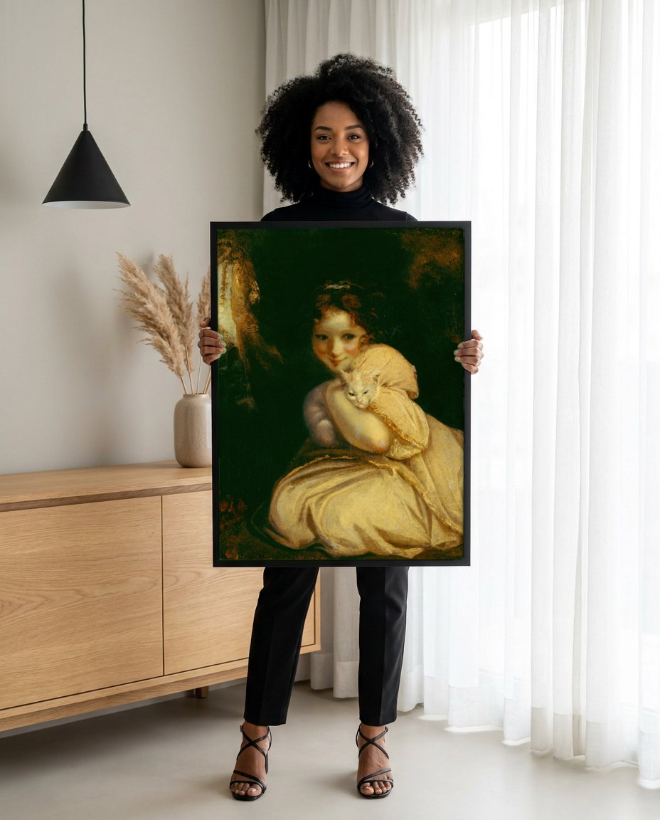 Quadro Decorativo A Menina com Gato - Sir Joshua Reynolds | modelo apresentando o quadro emoldurado