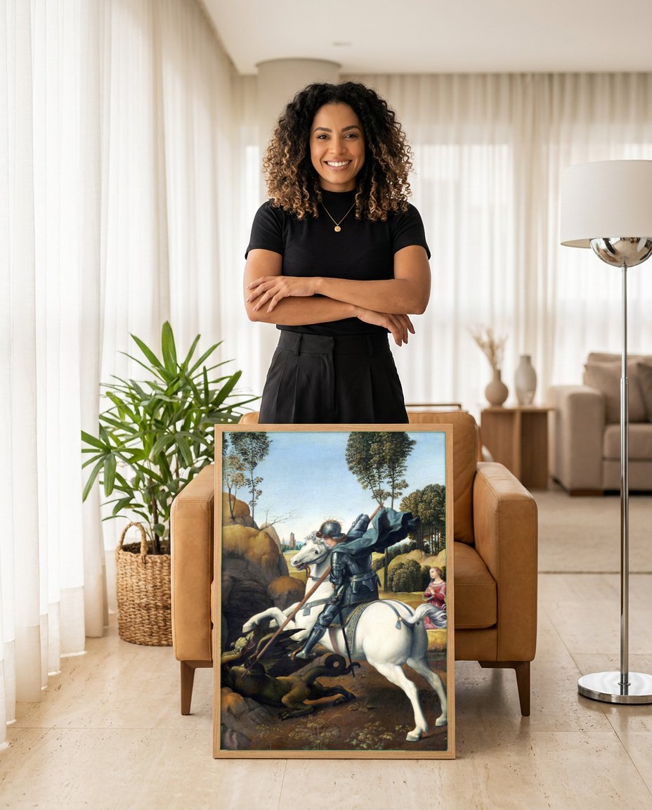Quadro Decorativo São Jorge e o Dragão - Rafael | modelo apresentando o quadro emoldurado