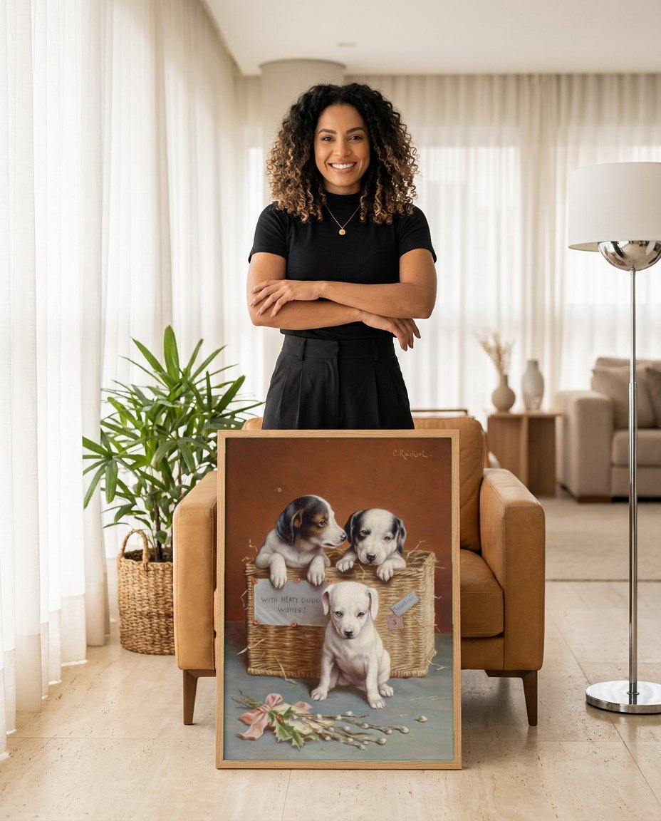 Quadro Decorativo Cãezinhos em Cesta - Carl Reichert | modelo apresentando o quadro emoldurado