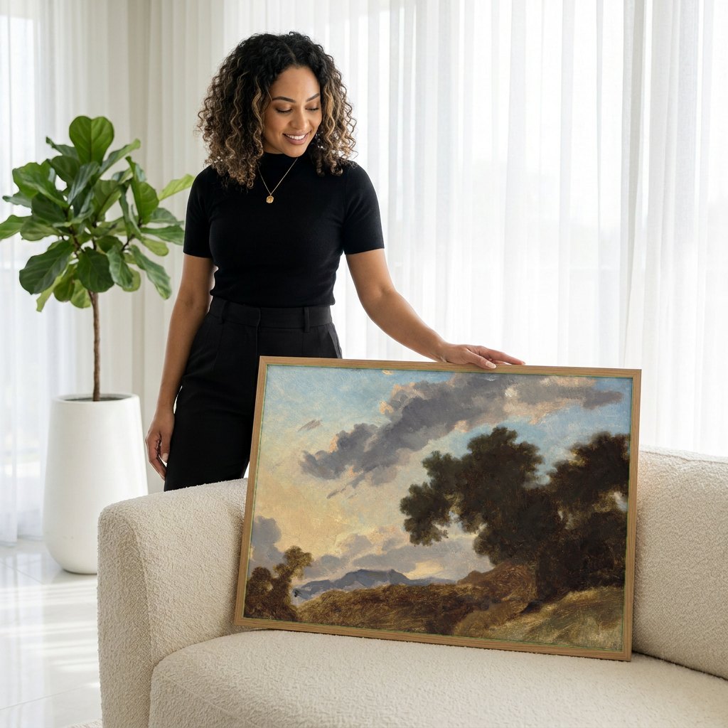 Quadro Decorativo Paisagem ao Entardecer - Fragonard | modelo apresentando o quadro emoldurado