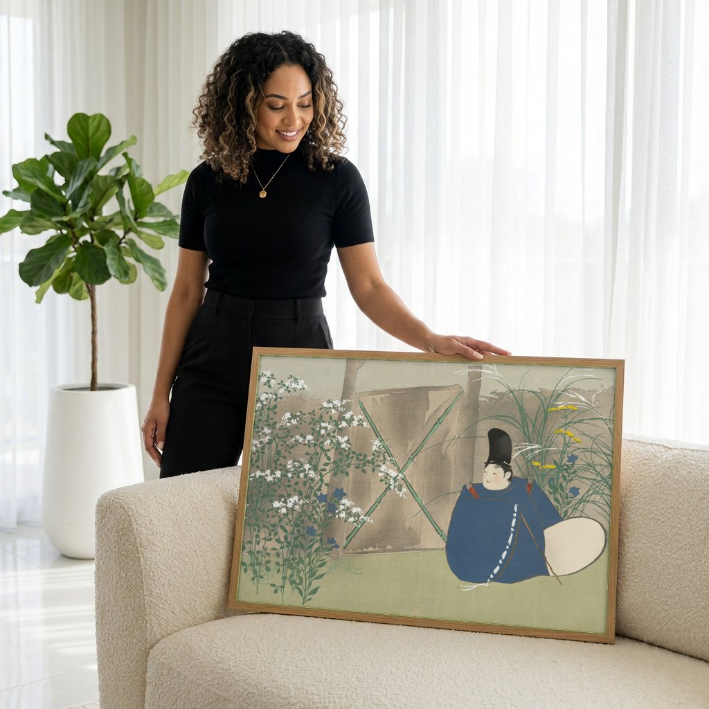 Quadro Decorativo Figura Japonesa em Jardim - Kamisaka Sekka | modelo apresentando o quadro emoldurado