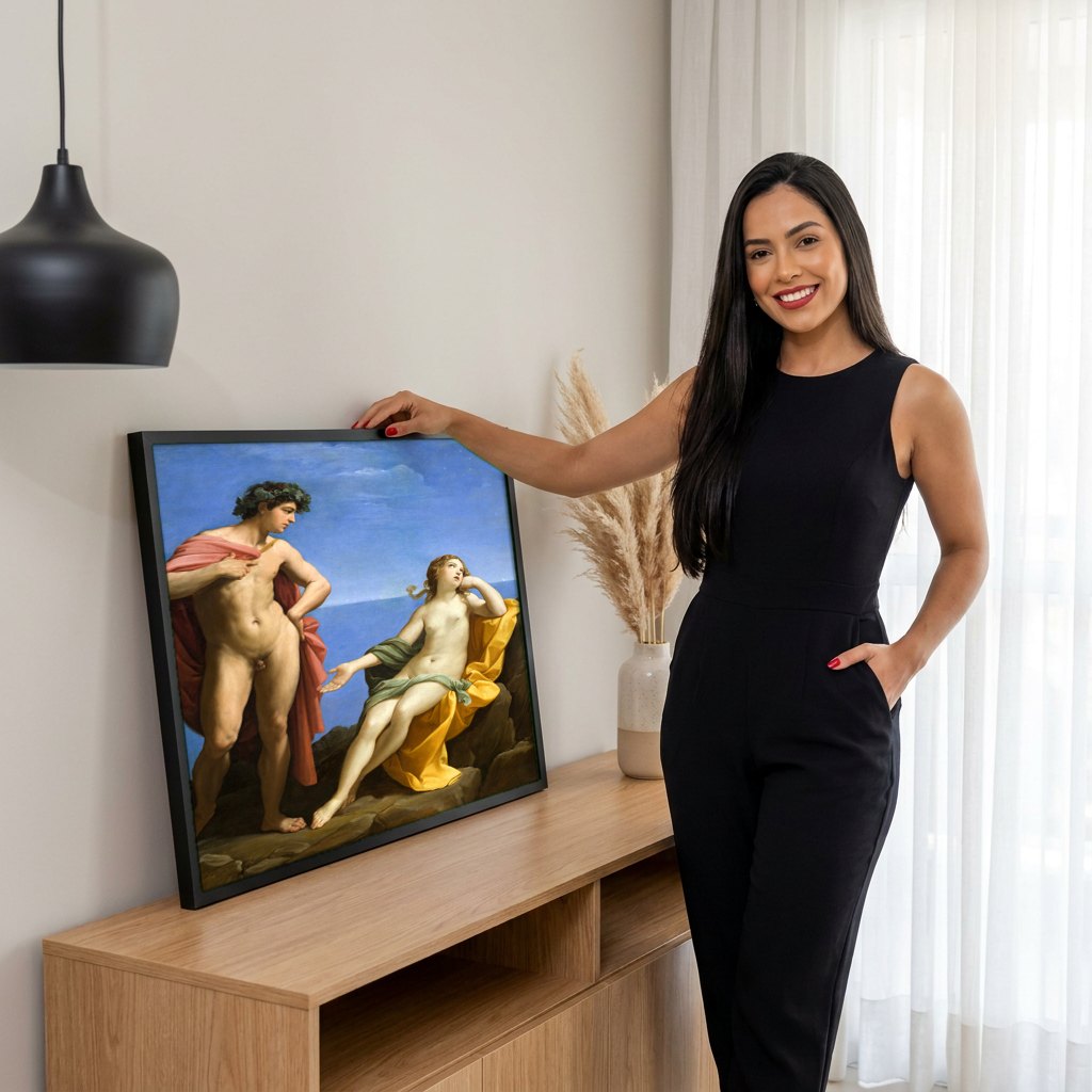 Quadro Decorativo Baco e Ariadne - Guido Reni | modelo apresentando o quadro emoldurado