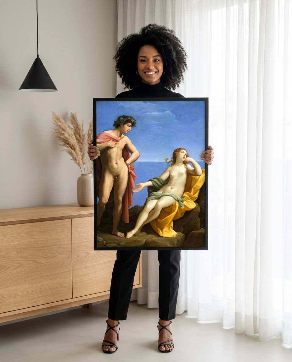 Quadro Decorativo Baco e Ariadne - Guido Reni | modelo apresentando o quadro emoldurado